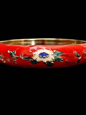 Source Unknown Red Enamel Floral Cloisonné Bangle with Gold Accents